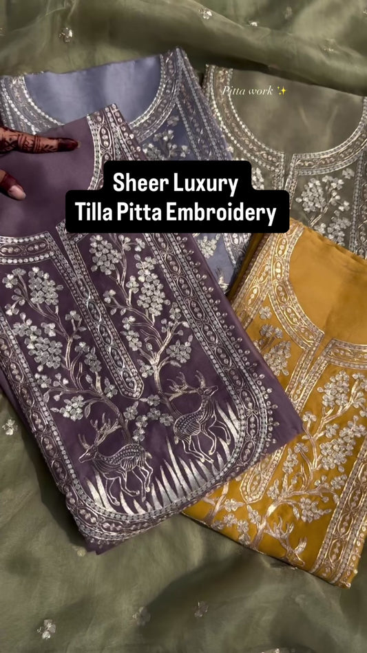 Atharva Heritage Sheer Luxury Pure Chander Silk 70 Grams Kurta and Pure Silk Organza Dupatta Tilla Pitta Embroidered Suit SOTPV181