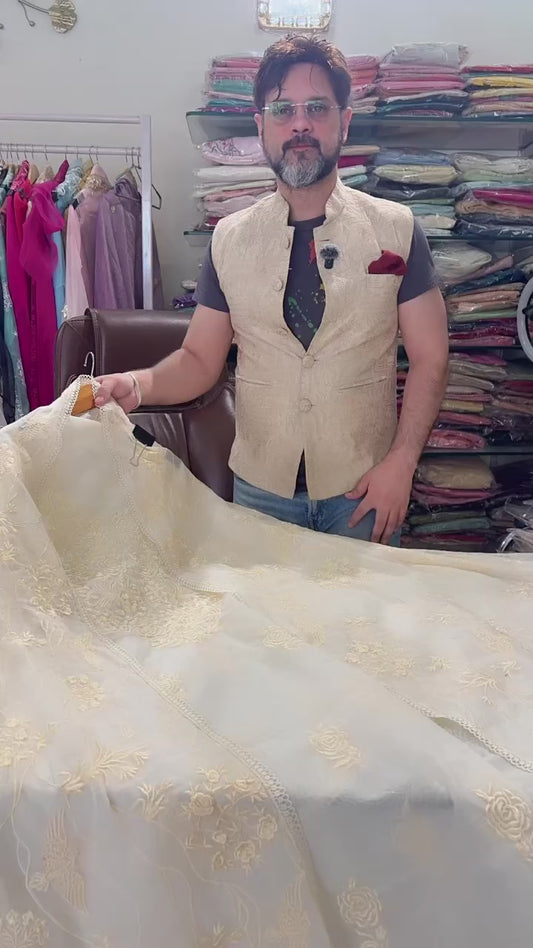 ATHARVA HERITAGE PURE MUL CHANDERI PARSI GARA FRONT AND BACK JAAL SUIT MCH0072B