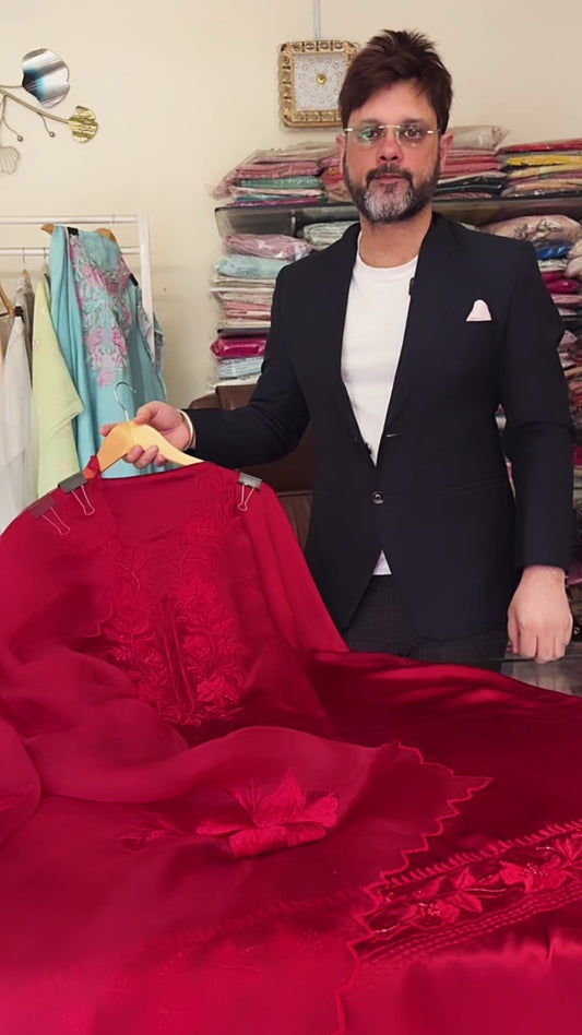 Atharva Heritage Pure Satin Silk Deep Maroon Farsi Salwar Set with Organza Dupatta AH18133191
