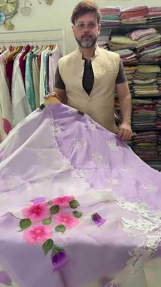 Atharva Heritage Luxury Lavender Chanderi Silk Unstitched Pakistani Suit with Full Ambi Jaal Embroidery & Hand-Painted Organza Dupatta AH181331017