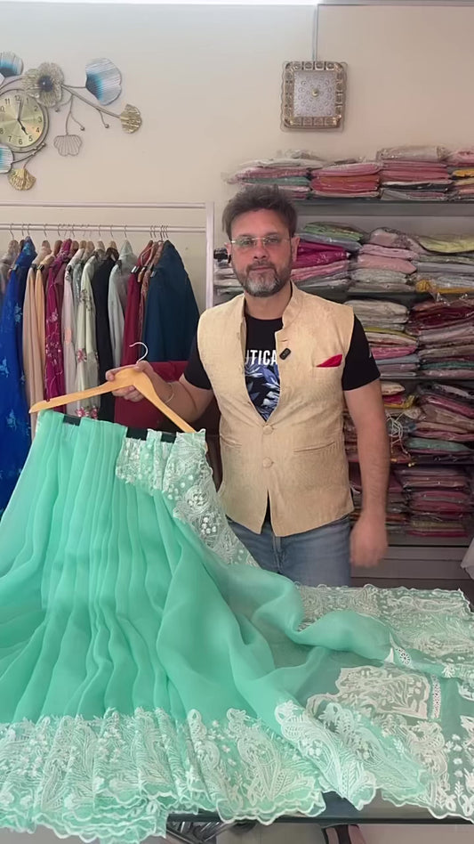 Atharva Heritage Sea Green Saree in Pure Silk Organza with French Thread Embroidery AH1813SP12