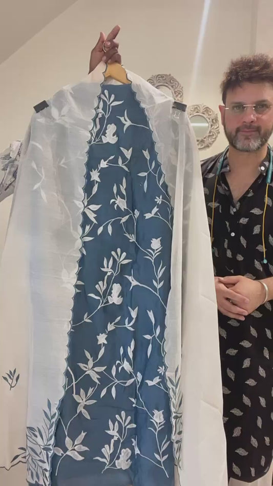 Atharva Heritage PURE CHANDER  Silk 70 Grams French THREAD EMBROIDERED SUIT CH5458 Denim