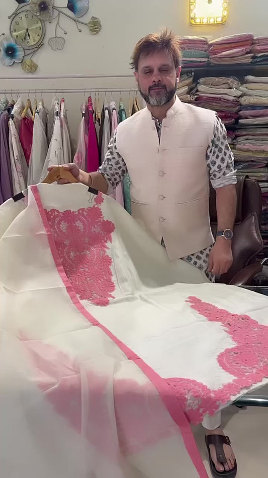 Atharva Heritage Luxury Ivory Pink Pakistani Suit in Pure Chanderi Silk with Hand Cutwork AH181356