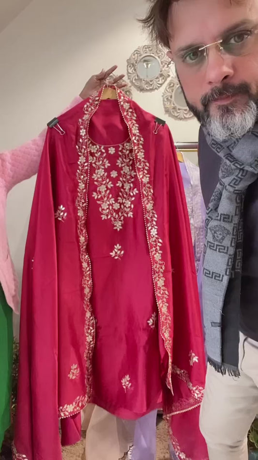 ATHARVA HERITAGE SHEER LUXURY Pure Chanderi Silk 70 Grams  SUIT hand Embroidered Gota Dabka  CHPH001R