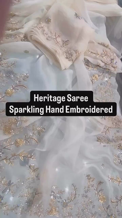 Atharva Heritage Ivory Pure Silk Organza Saree – Trousseau Collection | 400+ Hours Hand-Embroidered Luxury RLS178