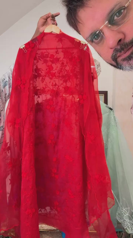 Atharva Heritage SHEER LUXURY Pure silk Organza  PARSI GARA Front And Back SUIT SHEER00105 Hot Red Color