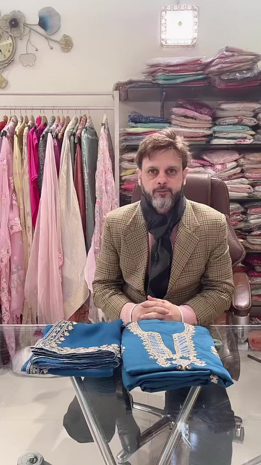 Atharva Heritage Royal English Blue Pure Silk Designer Pakistani Suit with Pita Tilla Embroidery
AH1318EB77