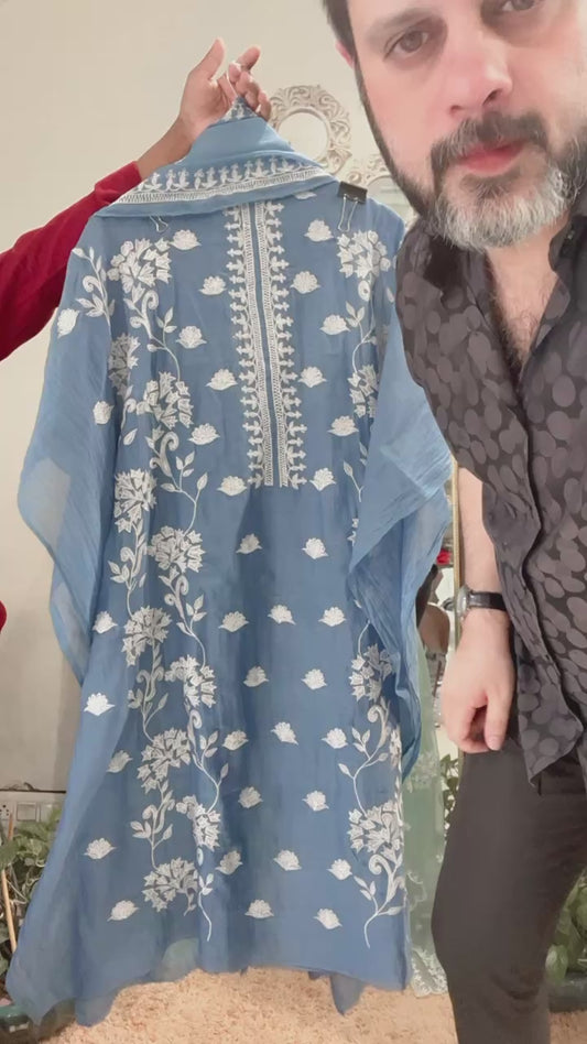 Atharva Heritage Pure Mul Chanderi Kurta/Pure Chiffon Dupatta / French Thread Embroidered SUIT  CHO00160A Denim Color