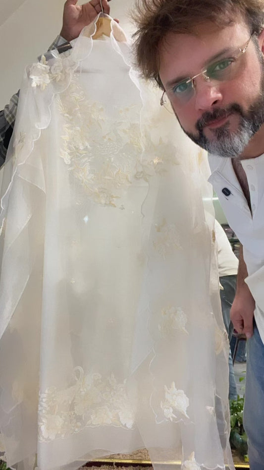 Atharva Heritage Sheer Luxury Pure Silk Organza Parsi Embroidered Monochrome Trousseau Collection unstitched Suit AH1867