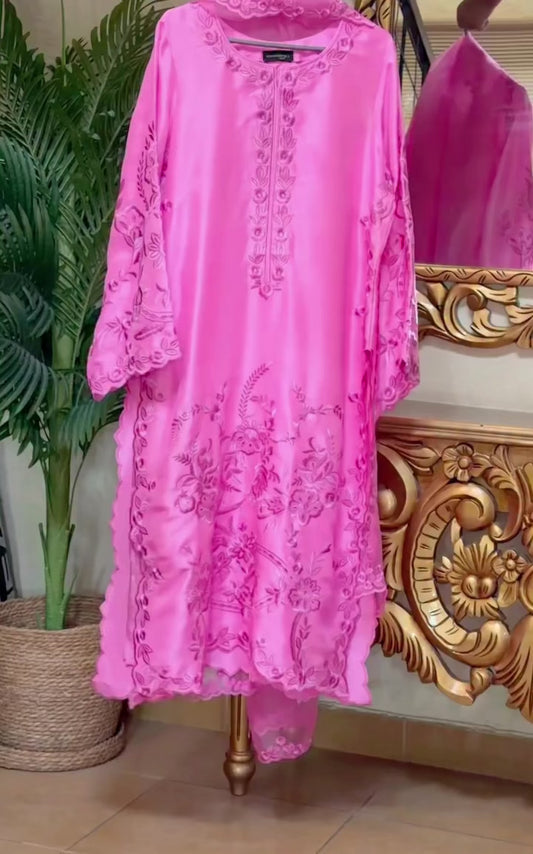 Atharva Heritage "Enchanting Elegance: Pure Satin Silk 80 Grams  Pakistani Suits Adorned with Exquisite French Thread Monochrom Embroidery MS003
