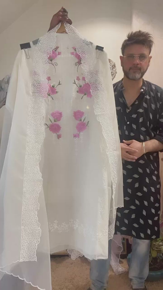 Atharva Heritage Luxury Grey & Powder Pink Pure Chanderi Silk Pakistani Suit – Hand Embroidered, Unstitched  CHP005