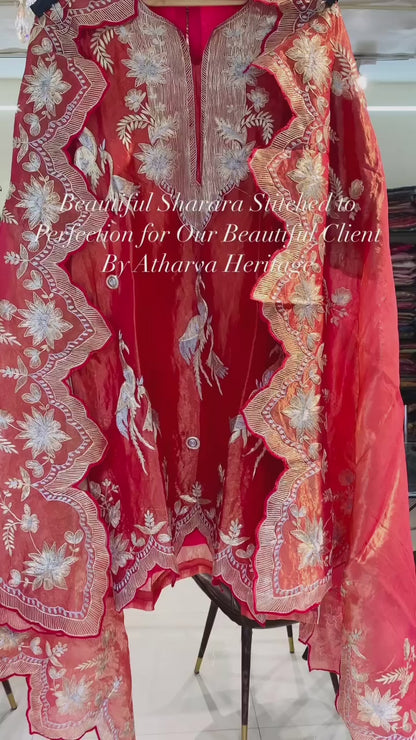 Atharva Heritage Maharani Sharara Pure Handwoven 80 Grams Tissue Silk 3 Pc Hand Pita Tilla Embroidered Custom Stitch Unstitch/Plazzo/Pant/Gift HTSS569