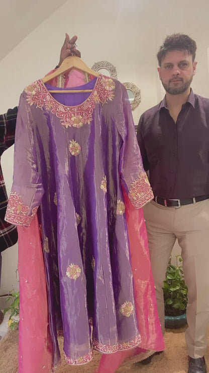 Atharva Heritage Purple & Pink Hand-Woven Tissue Silk Anarkali with Zardozi Embroidery – Luxury Stitched & Unstitched Suit