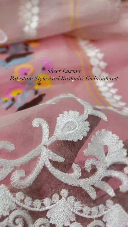 ATHARVA HERITAGE SHEER LUXURY PURE SILK ORGANZA KASHMIRI AARI EMBROIDERY SUIT SHEER0023 Pink