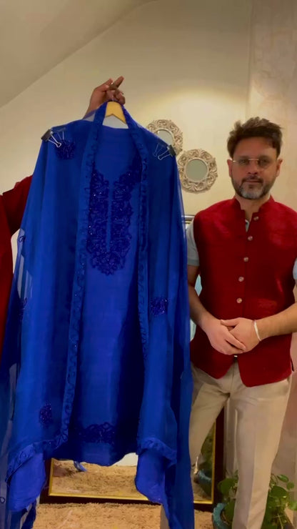 Atharva Luxe – Pure Silk Luxury Kurta Set with Handcrafted Ghera Sleeves & Organza Dupatta PSH0068-EB