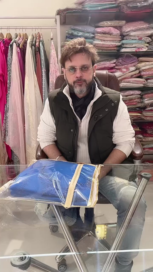 Atharva Heritage  Sheer Luxury Pakistani French Thread Monochrome Hand Embroidered unstitched Suit SLP001 Electric Blue