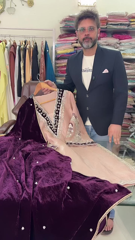 Atharva Heritage Rose Gold Tissue Silk & Wine Velvet Pakistani Suit — Hand Zardosi Work AH1813613