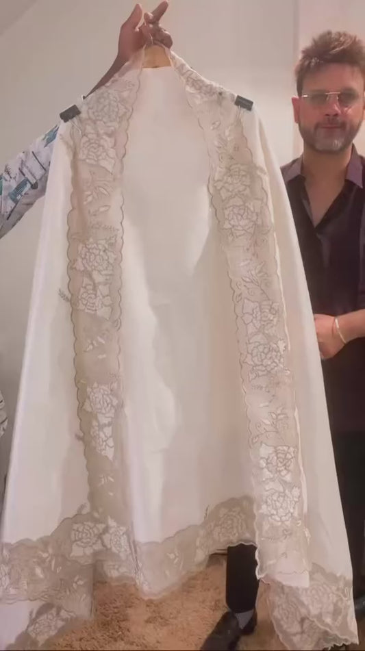 ATHARVA HERITAGE Hand CUTWORK Embroidery Salwar Kameez/Pure Mul Chanderi Cut-Work Shirt & Dupatta/Santoon Bottom/Custom Stitch Unstitch/Plazo/Pant/CUT80361 IVORY