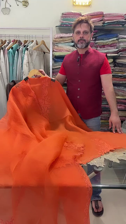 Atharva Heritage Sheer Luxury Ready to Wear Pakistani Appliqué  Unstitched Suit SLP0507 Burnt Orange