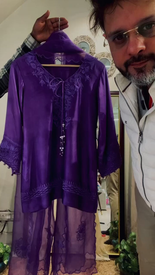 Atharva Heritage Pure Satin Silk Purple Farsi Salwar Set with Organza Dupatta AH18133191