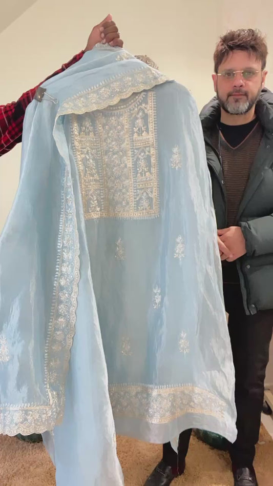 Atharva Heritage Husn ICE BLUE Handwoven TISSUE INTRICATELY HAND WOVEN /MAHARANI LUXURY TISSUE SILK SUIT MTC0025(Blue)