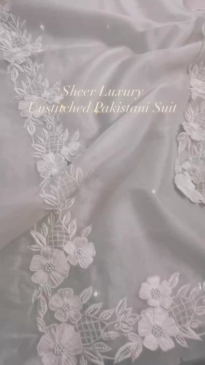 Atharva Heritage Unstitched Pure Organza Silk Pakistani Suit with Pearl Parsi Embroidery & Pure Crepe Bottom SHEER0016