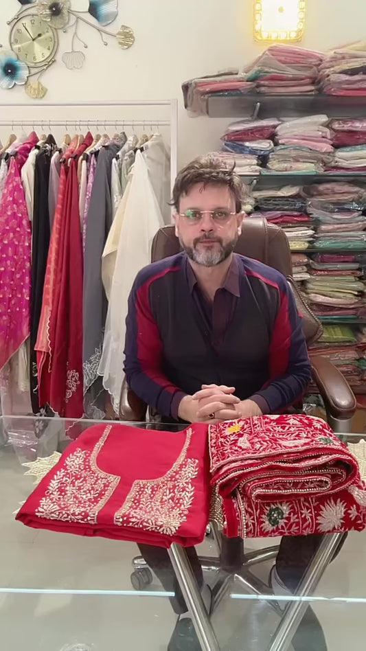 Atharva Heritage Red Chanderi Silk 70 Grams Hand Zardozi Pakistani Suit with Parsi Gara Jaal Pure Silk Velvet Dupatta PCHSV1678