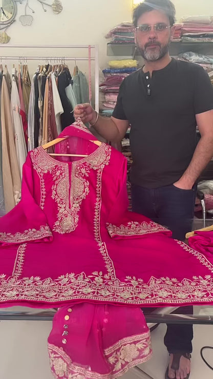 Atharva Heritage Farshi Salwar Suit | Pure Satin Silk Kurta with Chiffon Mukaish Kamdhani Dupatta | Customisable S to 9XL | SSZ151