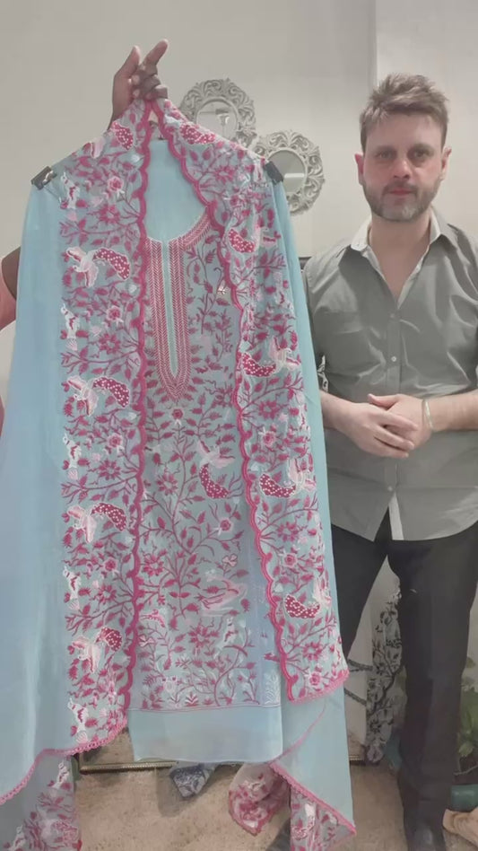 ATHARVA HERITAGE PURE MUL CHANDERI PARSI GARA SUIT MCH00737 Blue