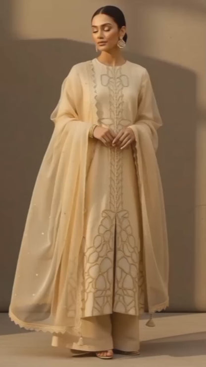 Atharva Heritage Noor Beige Monochrome Hand-Embroidered Raw Silk A-Line Suit AH13183157