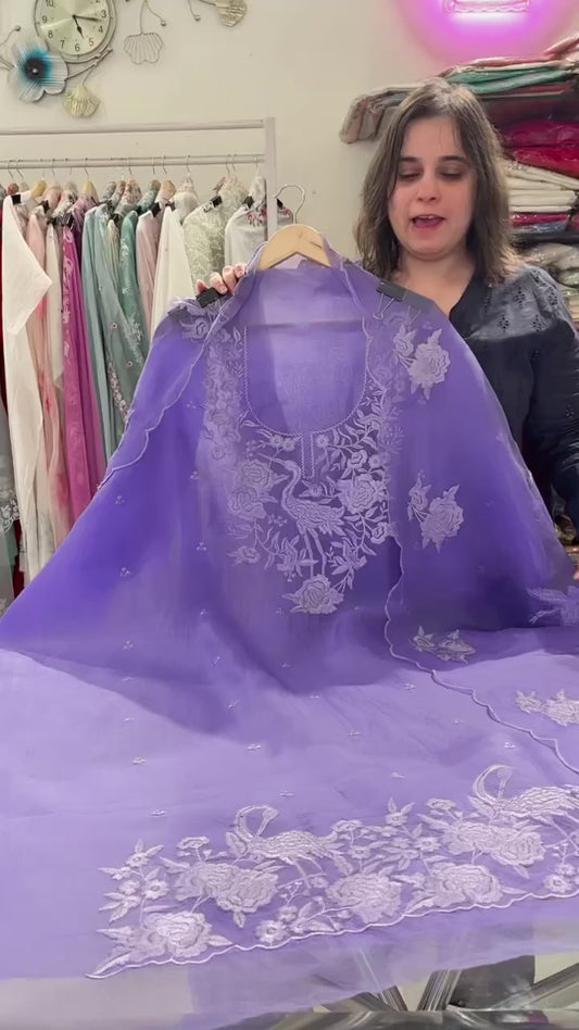 Atharva Heritage Sheer Luxury Pure Silk Organza Parsi Embroidered Monochrome Trousseau Collection unstitched Suit AH1867