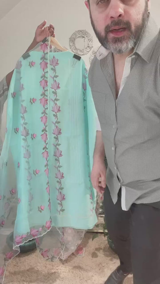 ATHARVA HERITAGE PURE CHANDERI SILK KURTA AND PURE SILK ORGANZA DUPATTA / CROSS STITCH EMBROIDERY CHO0013T TURQUOISE