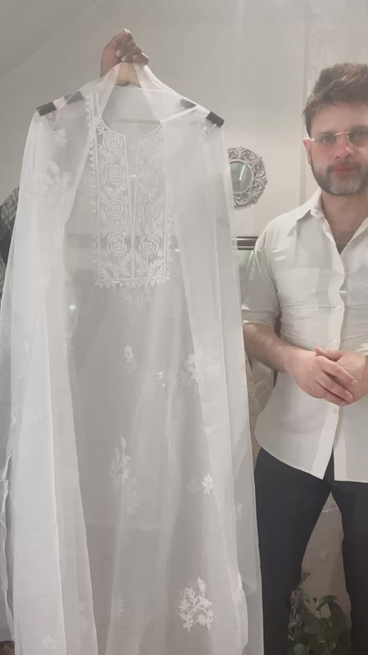 Sheer Luxury Pure Silk Organza Premium Hand Embroidered Lucknowi Collection