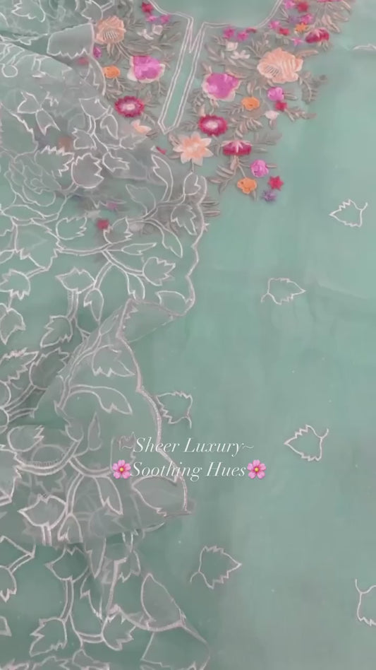 ATHARVA HERITAGE SHEER LUXURY PURE SILK ORGANZA PARSI APPLIQUE SUIT SHEER0030B Blue