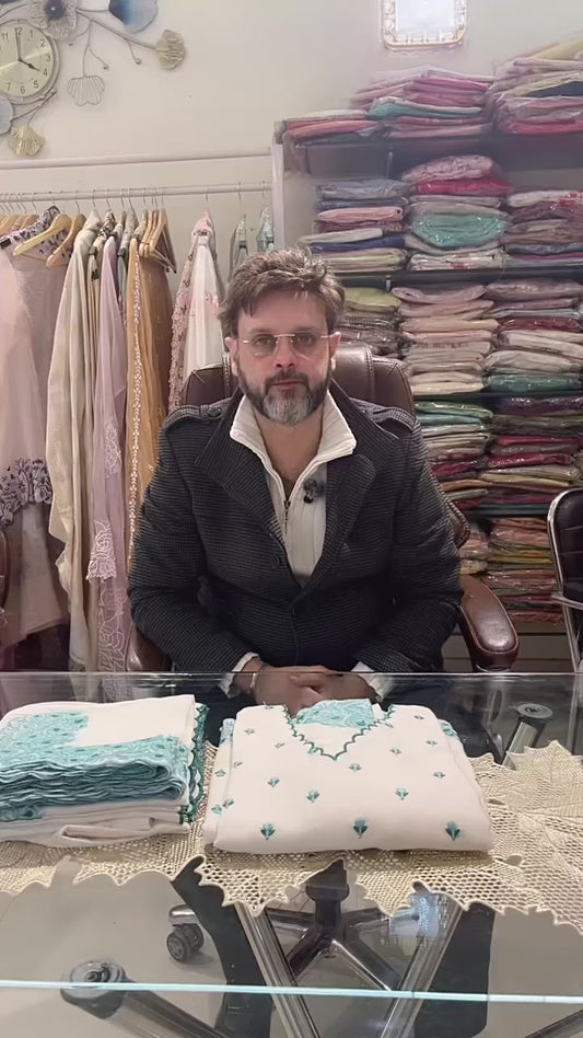 Atharva Heritage Pure Chanderi Silk Ivory Ensemble with Turquoise Resham Embroidery