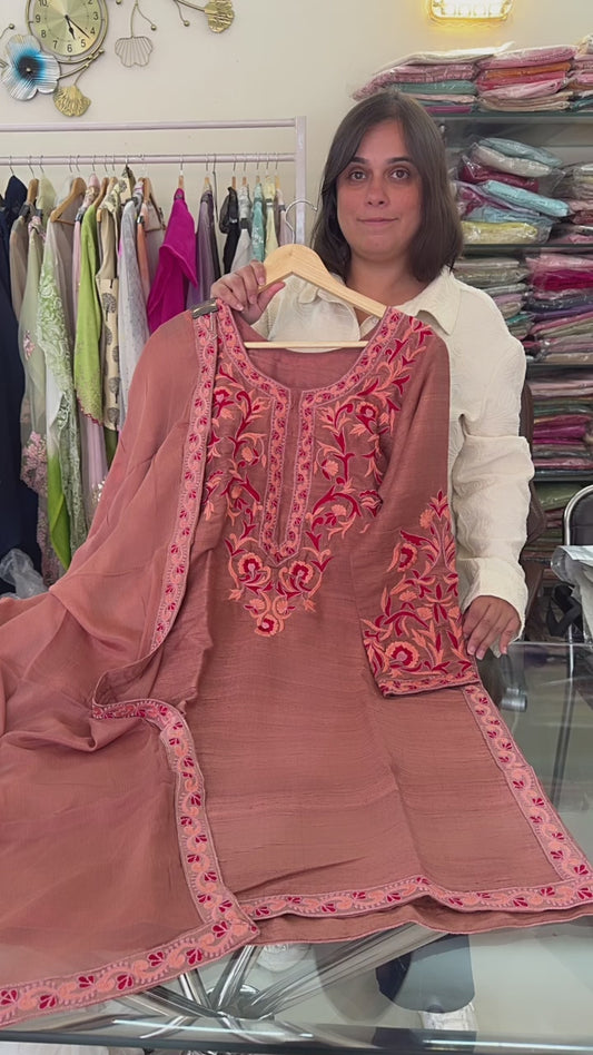 Atharva Heritage Pure Raw Silk Kashmiri Embroidery Ensemble with Organza Dupatta & Crepe Silk Dhoti AH131831546
