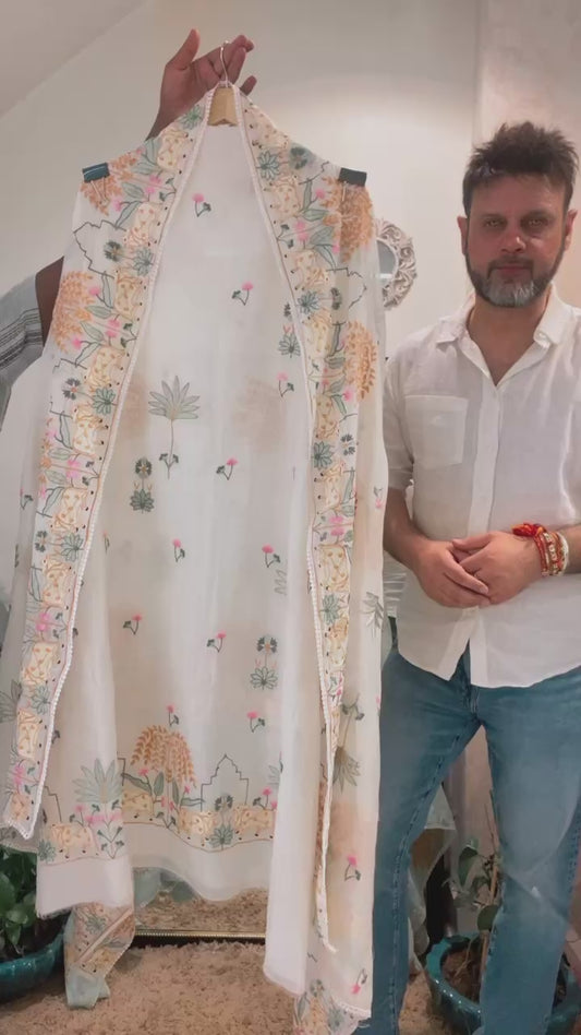 Atharva Frech Thread Pichwai motifs  Embroidered Pure Mul Chanderi Hand woven  edits MC70015  Ivory