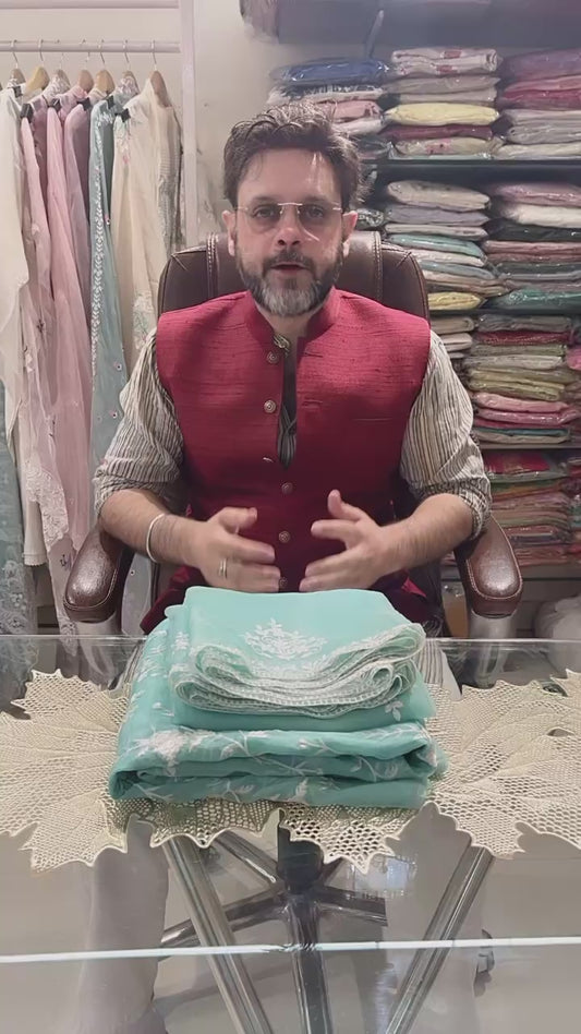 Atharva Heritage Sheer Luxury /Pure Silk Organza PARSI GARA Front And Back Embroidered SUIT SLO652