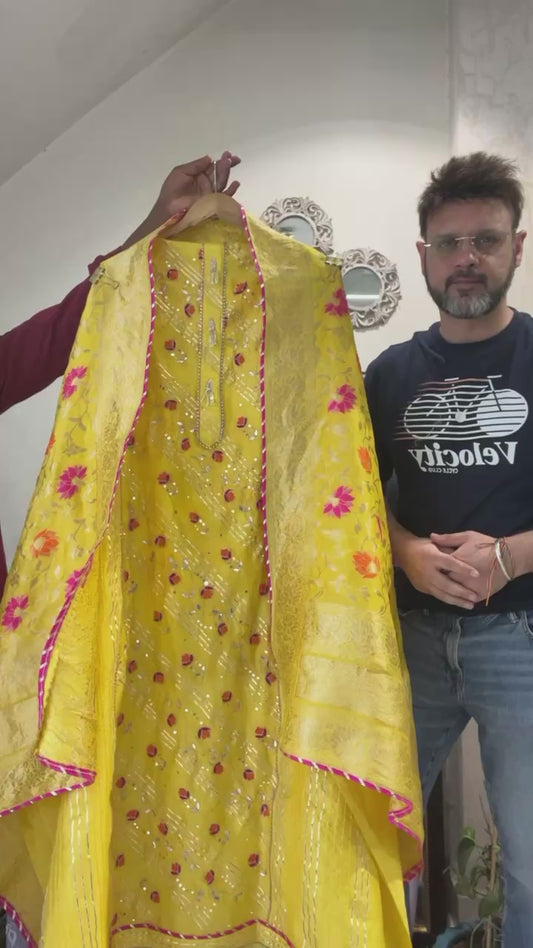 Atharva Heritage Royal Radiance – Festive Yellow Chanderi Silk 70 Grams Suit Hand Zardozi Embroidery with Meenakari Banarasi Dupatta