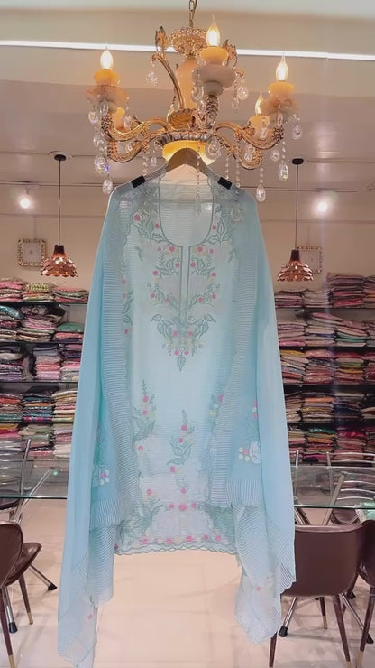 Atharva Heritage PURE striped Mul CHANDER SILK  French Know  SUIT CH5455B Blue