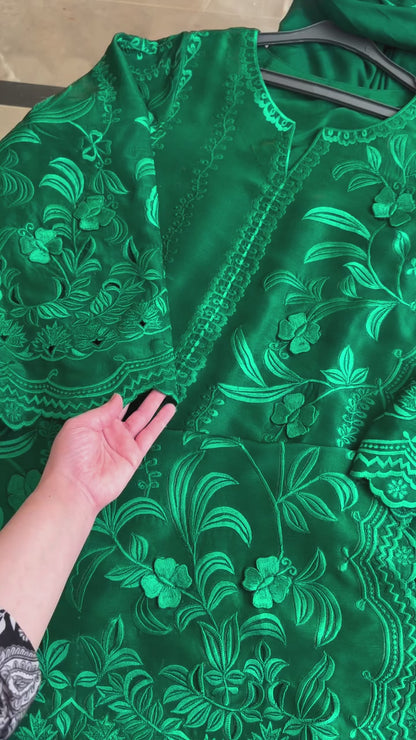 Atharva Heritage Pakistani Suit in Pure Satin Silk 80 Grams  with French Thread Monochrome Embroidery & 3D Hand-Appliqué Detailing FRMONO57