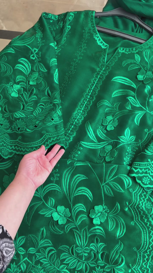 Atharva Heritage Pakistani Suit in Pure Satin Silk 80 Grams  with French Thread Monochrome Embroidery & 3D Hand-Appliqué Detailing FRMONO57
