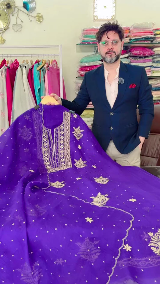 Atharva Heritage Turquoise Organza Silk Chikankari Unstitched Kurta Dupatta Set SL89000646
