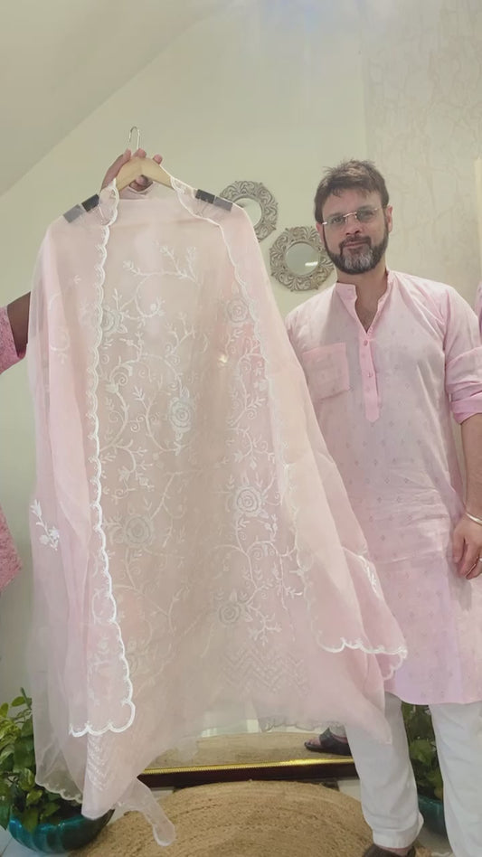 Atharva Heritage 🌸 “Timeless Luxury: Parsi Embroidered Organza Kurta Set with Cotton Satin Lowers” SHEER0056 Pink