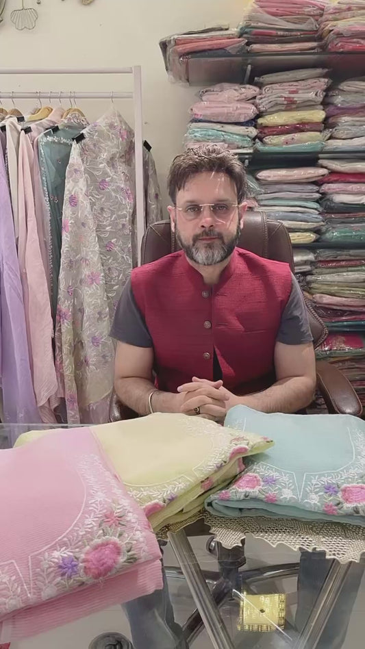 Atharva Heritage Sheer Luxury /Pure Self Stripped Mul Chanderi PARSI GARA SUIT SLO651