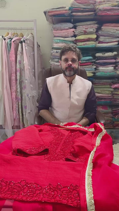 Atharva Luxe – Pure Silk Luxury Kurta Set with Handcrafted Ghera Sleeves & Organza Dupatta PSH0068-R