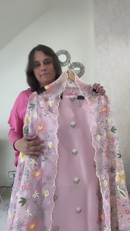 Atharva Heritage Sheer Luxury Pure Silk Organza Parsi Embroidered  Powder Pink Trousseau Collection unstitched Suit AH186798