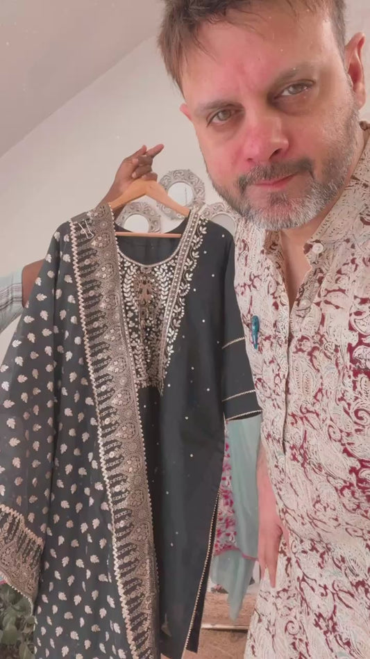 Atharva Heritage Beautiful Black Color Pakistani Style Stitched Suit /Pure Chanderi Silk kurta and Bottom/Pure Banarasi Dupatta  – Bridal & Festive Trousseau Collection Suit SHCH0024
