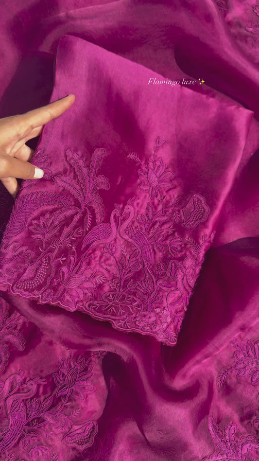 Atharva Heritage SHEER LUXURY Pure Silk Organza Plum Color French Thread Front and Back Embroidered with Separate Embroidered Sleeves SOFTHP569