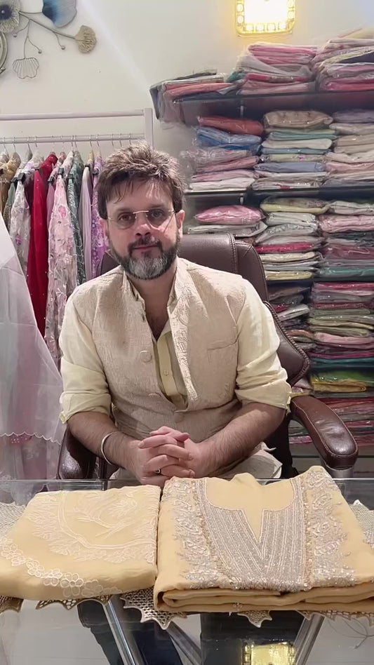 Atharva Heritage Exclusive Lucknowi Satin Organza Suit with Pure Silk Organza Hand Applique Of Pure Crush Tissue Dupatta – Beige Festive Luxury Collection LSSCT176